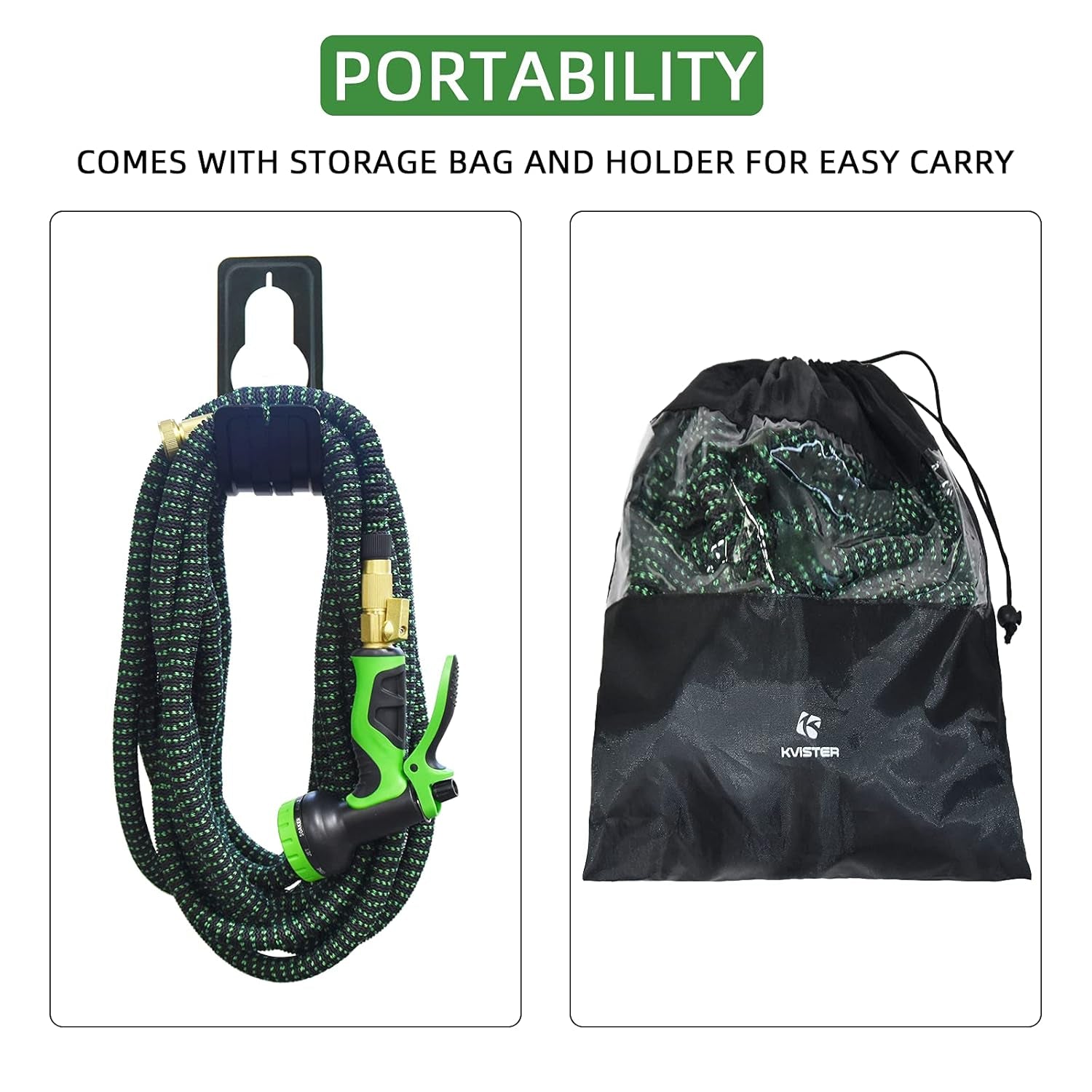 50Ft Expandable Garden Hose, Water Hose with Triple Latex Core, 34 Solid Brass Fittings, Flexible 10 Function Spray Nozzle, Extra Strength Fabric,Portable Zero G (Green& Black)