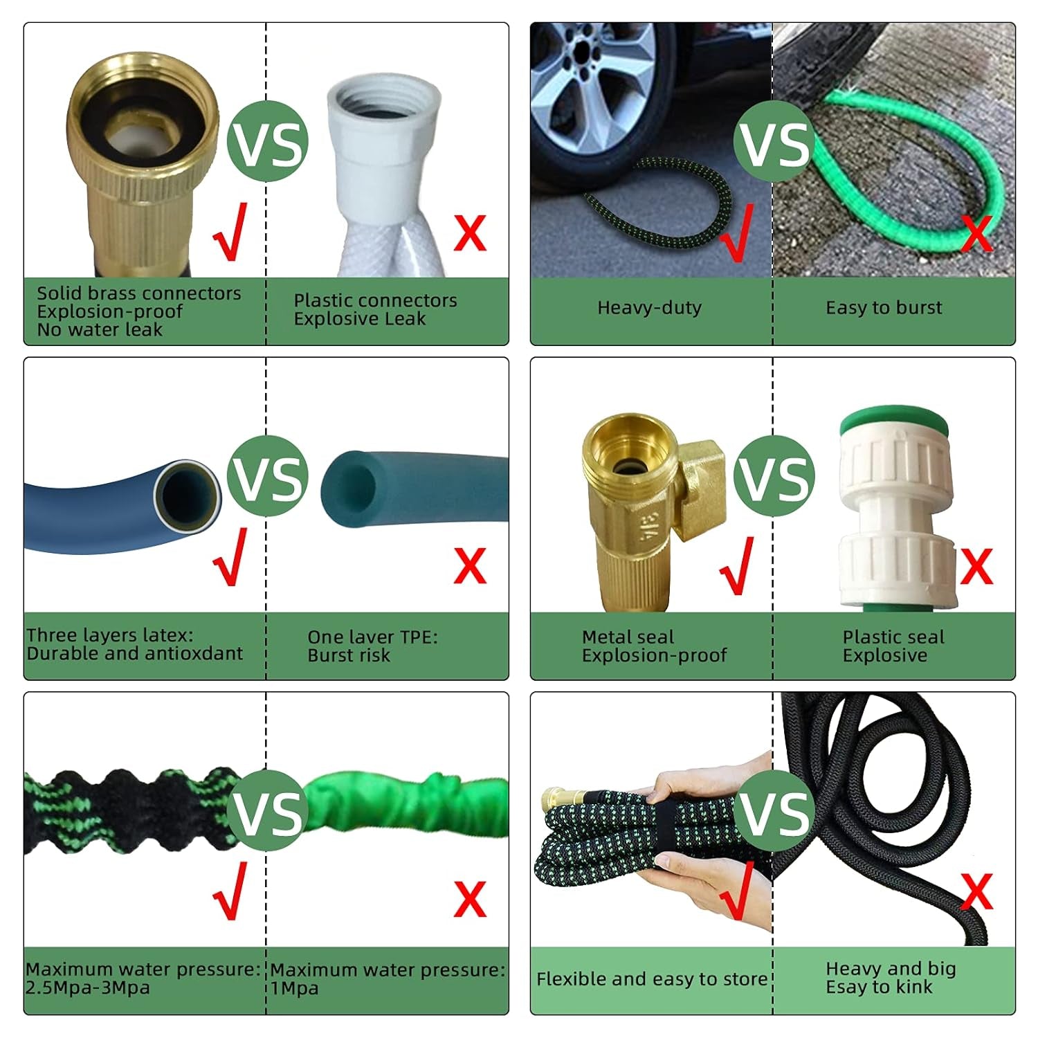 50Ft Expandable Garden Hose, Water Hose with Triple Latex Core, 34 Solid Brass Fittings, Flexible 10 Function Spray Nozzle, Extra Strength Fabric,Portable Zero G (Green& Black)