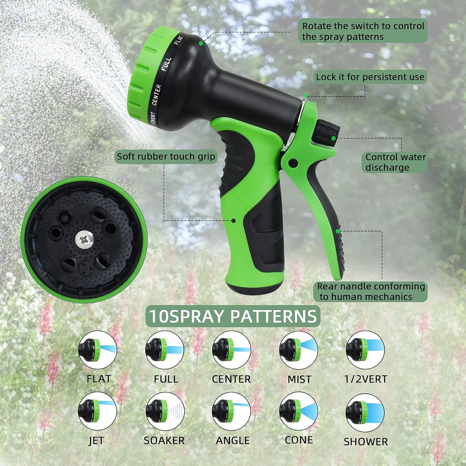 50Ft Expandable Garden Hose, Water Hose with Triple Latex Core, 34 Solid Brass Fittings, Flexible 10 Function Spray Nozzle, Extra Strength Fabric,Portable Zero G (Green& Black)