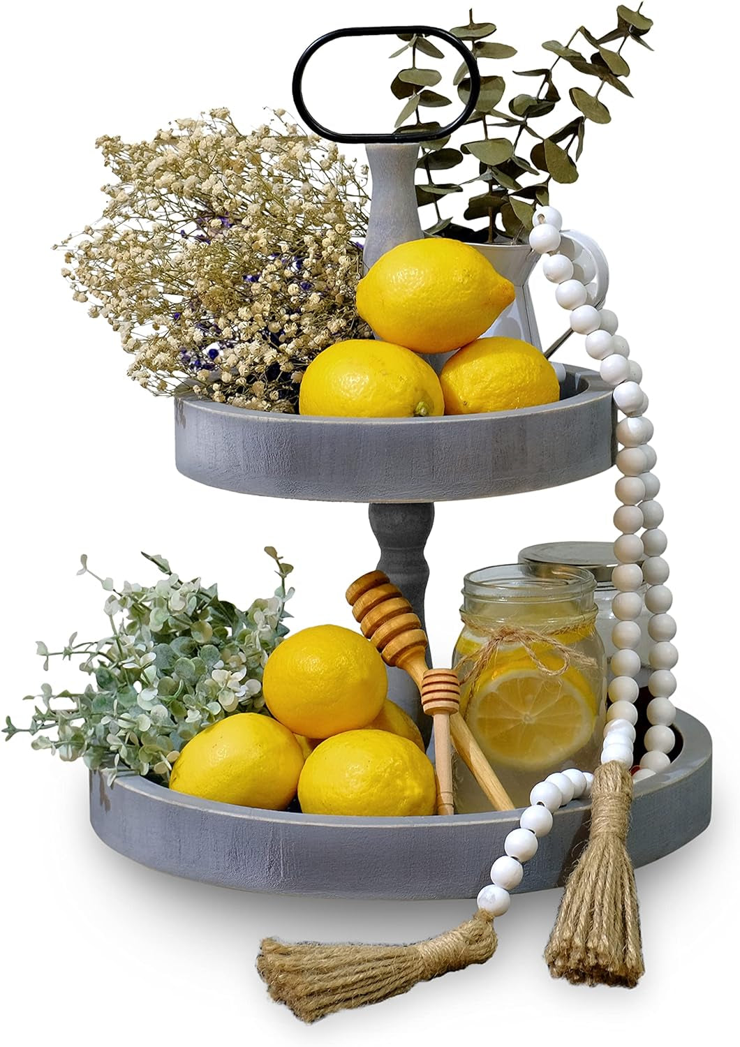 Farmhouse Tiered Tray – Wooden 2-Tier Tray with Beads for Home Décor & Cupcakes
