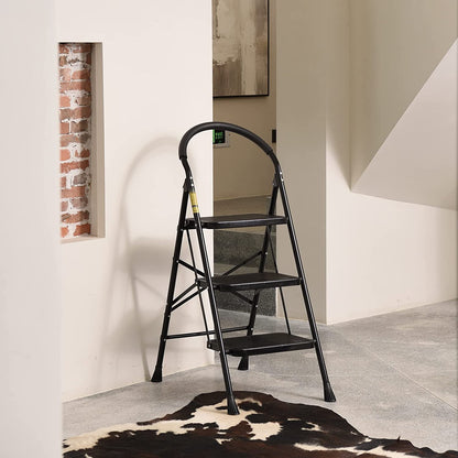 Portable foldable step ladder with anti-slip wide pedals.