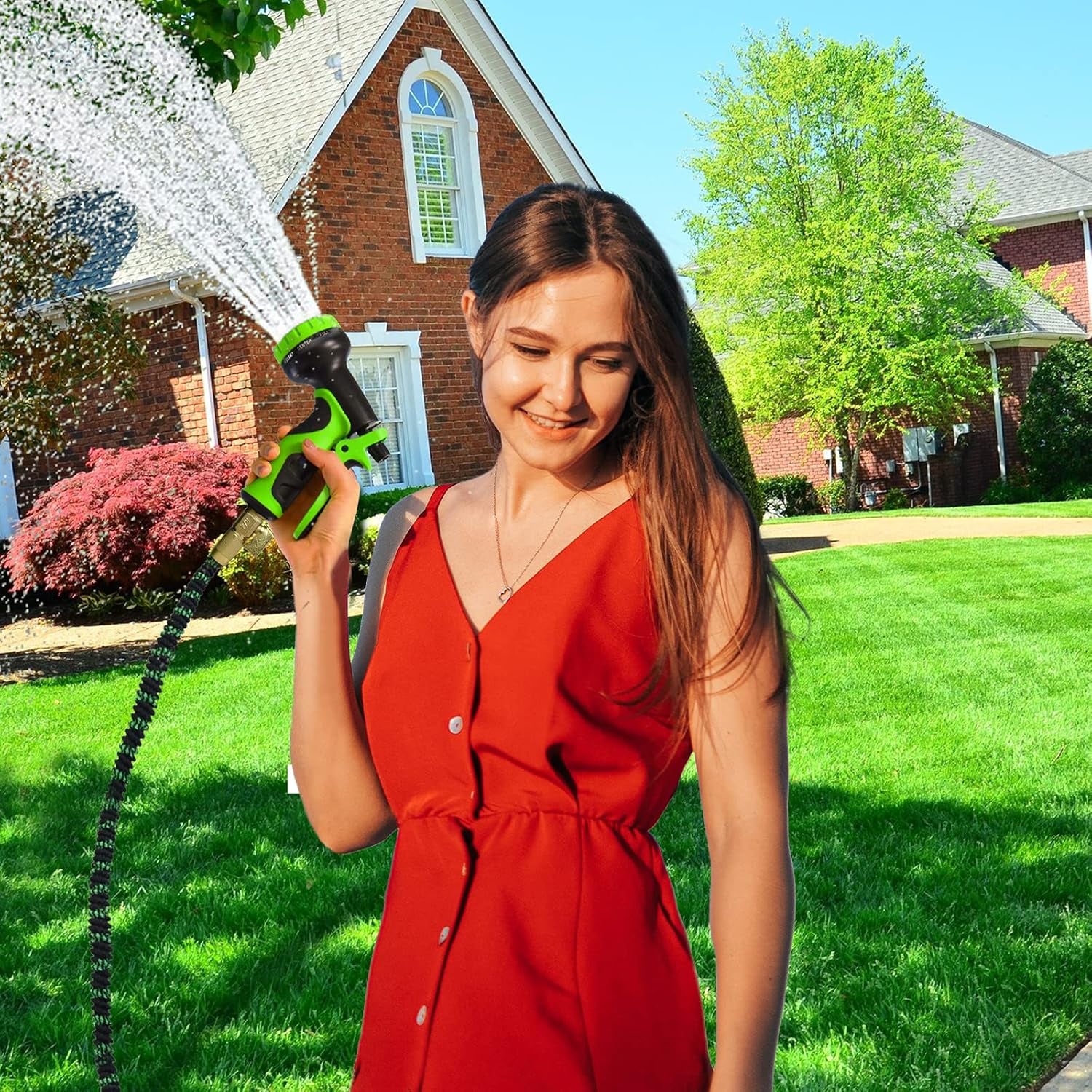 50Ft Expandable Garden Hose, Water Hose with Triple Latex Core, 34 Solid Brass Fittings, Flexible 10 Function Spray Nozzle, Extra Strength Fabric,Portable Zero G (Green& Black)