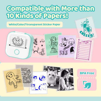 T02 Mini Thermal Printer Wireless Mini Pocket Printer, Adhesive Sticker Printer for DIY, Journal, Student Birthday Gift